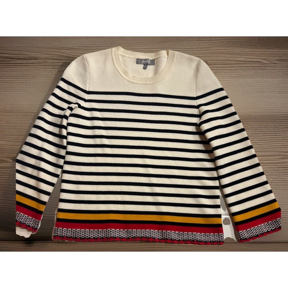 Marled Reunited Black And Cream Striped Crochet Hem Sweater Women’s XS